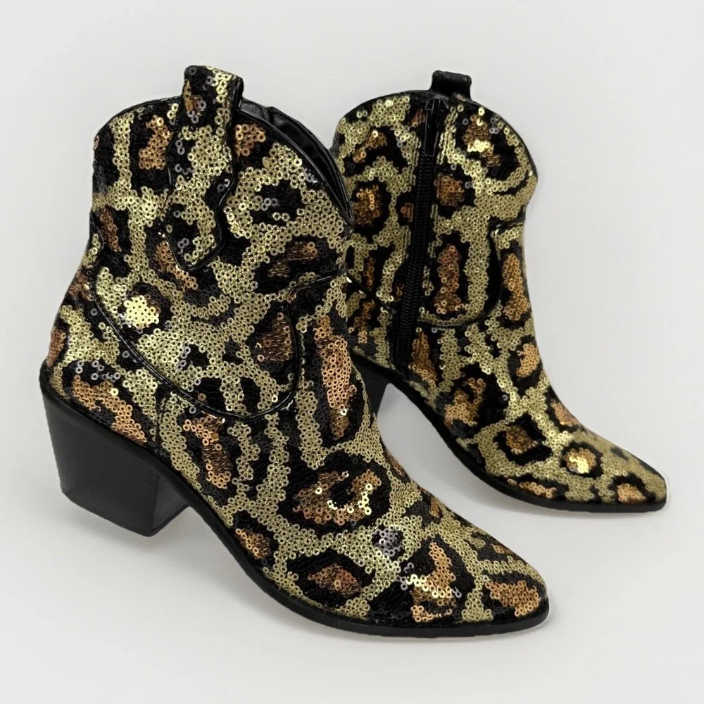 Betsey Johnson Cowboy Boots‎ Lucki Leopard Sequin Sz 6 Animal Print Cowgirl Glam